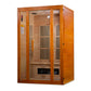 Cedar wood infrared sauna with glass doors, vertical heating panels, and bench seating on white background