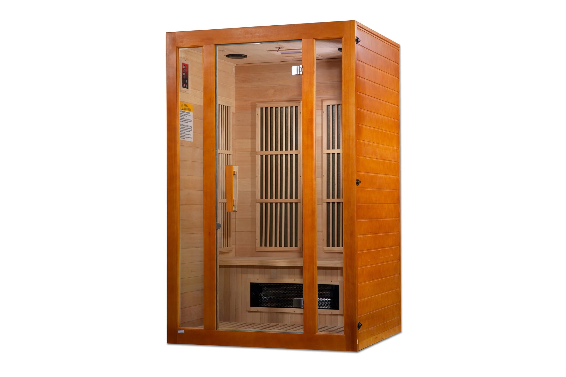 Cedar wood infrared sauna with glass doors, vertical heating panels, and bench seating on white background