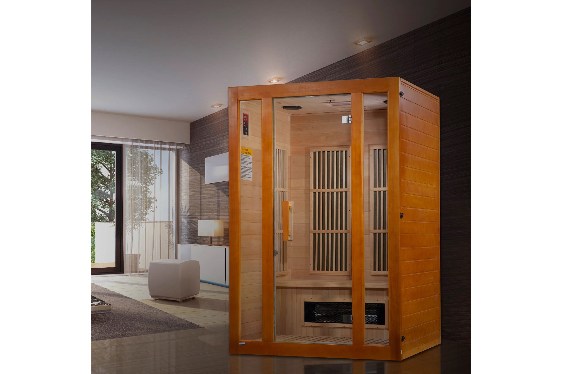 Golden cedar 2-person infrared sauna with glass door and vertical vent panels, shown in modern living room setting