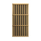 Natural wood sauna door with vertical slat design and three horizontal crossbars, on white background