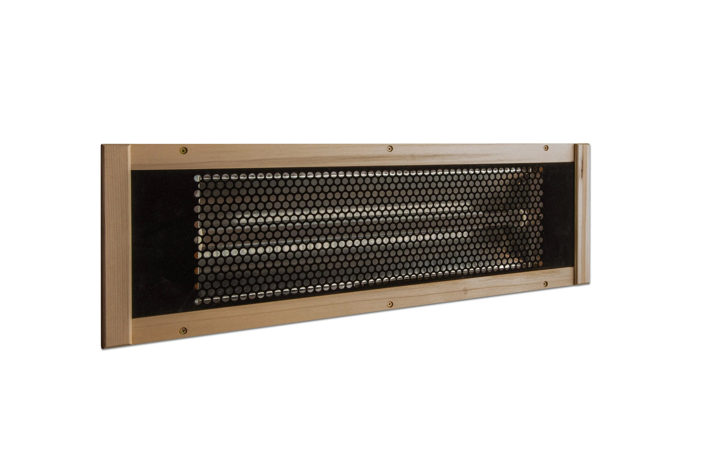Natural wood sauna with black hexagonal mesh panel and visible brass screws on white background
