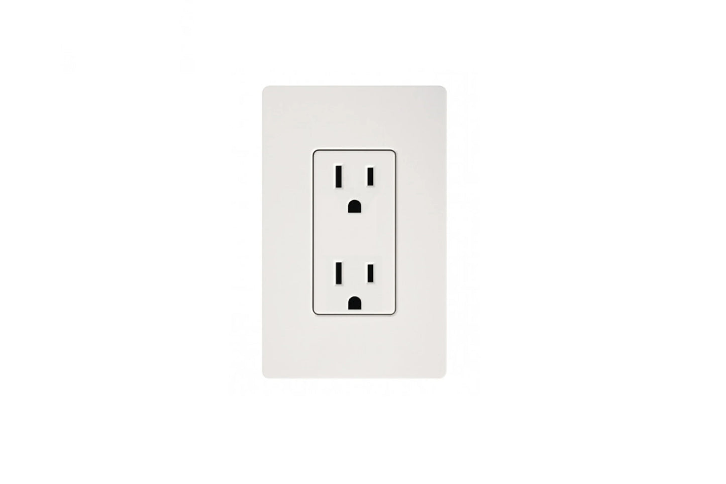 White electrical outlet with two receptacles mounted on light gray wall plate on white background