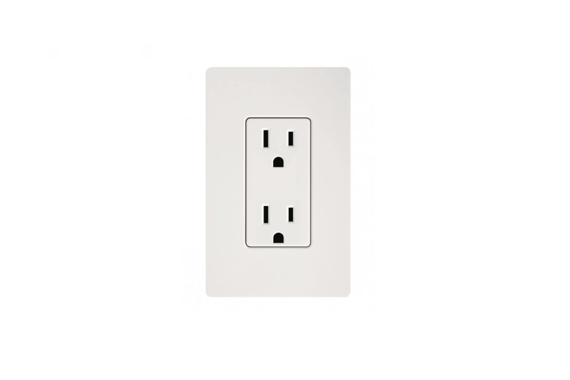 White electrical outlet with two receptacles mounted on light gray wall plate on white background