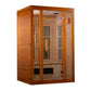 Two-person infrared sauna with orange cedar wood frame, glass front door, and interior heaters visible on white background