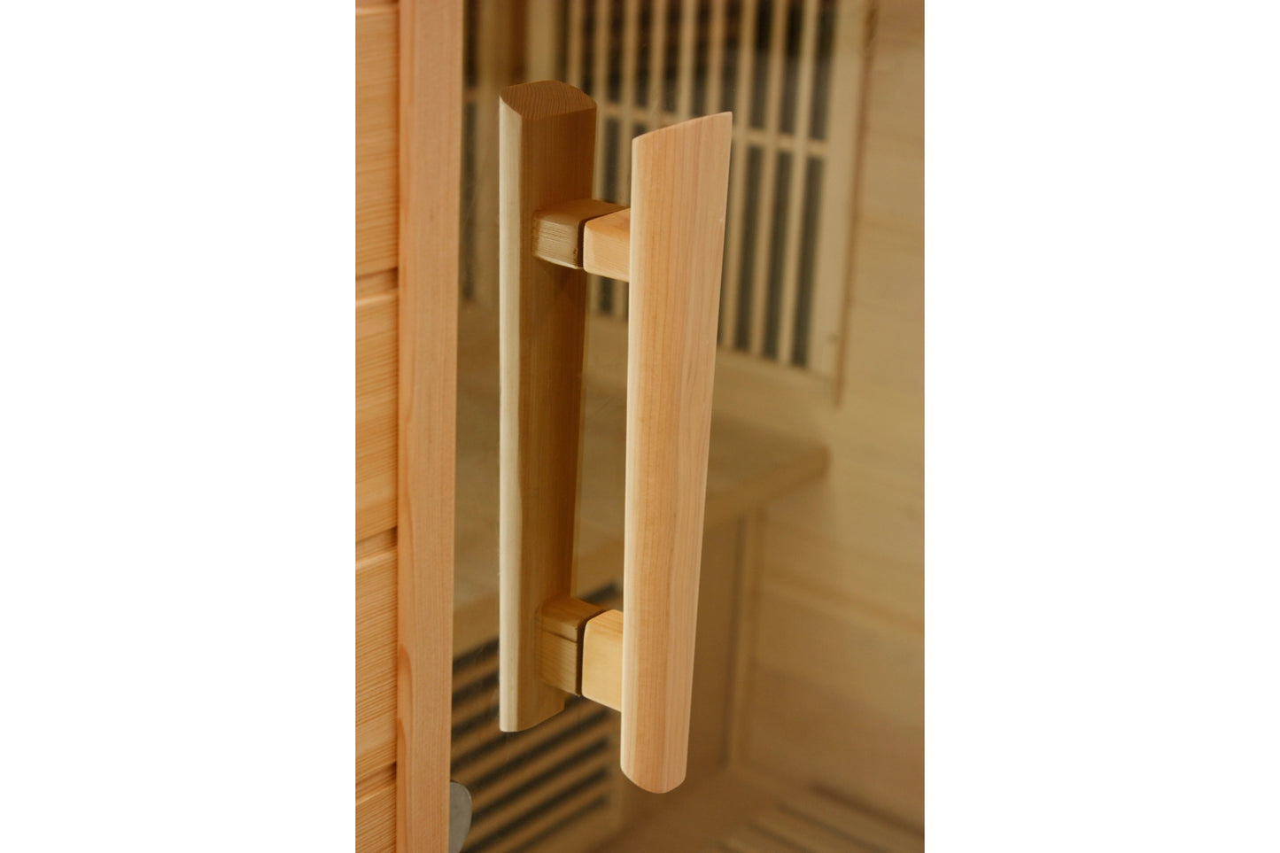 Natural wood cylindrical door handle on light wood sauna door with glass panel insert