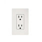 White duplex electrical outlet with two receptacles, mounted on light gray wall plate on white background