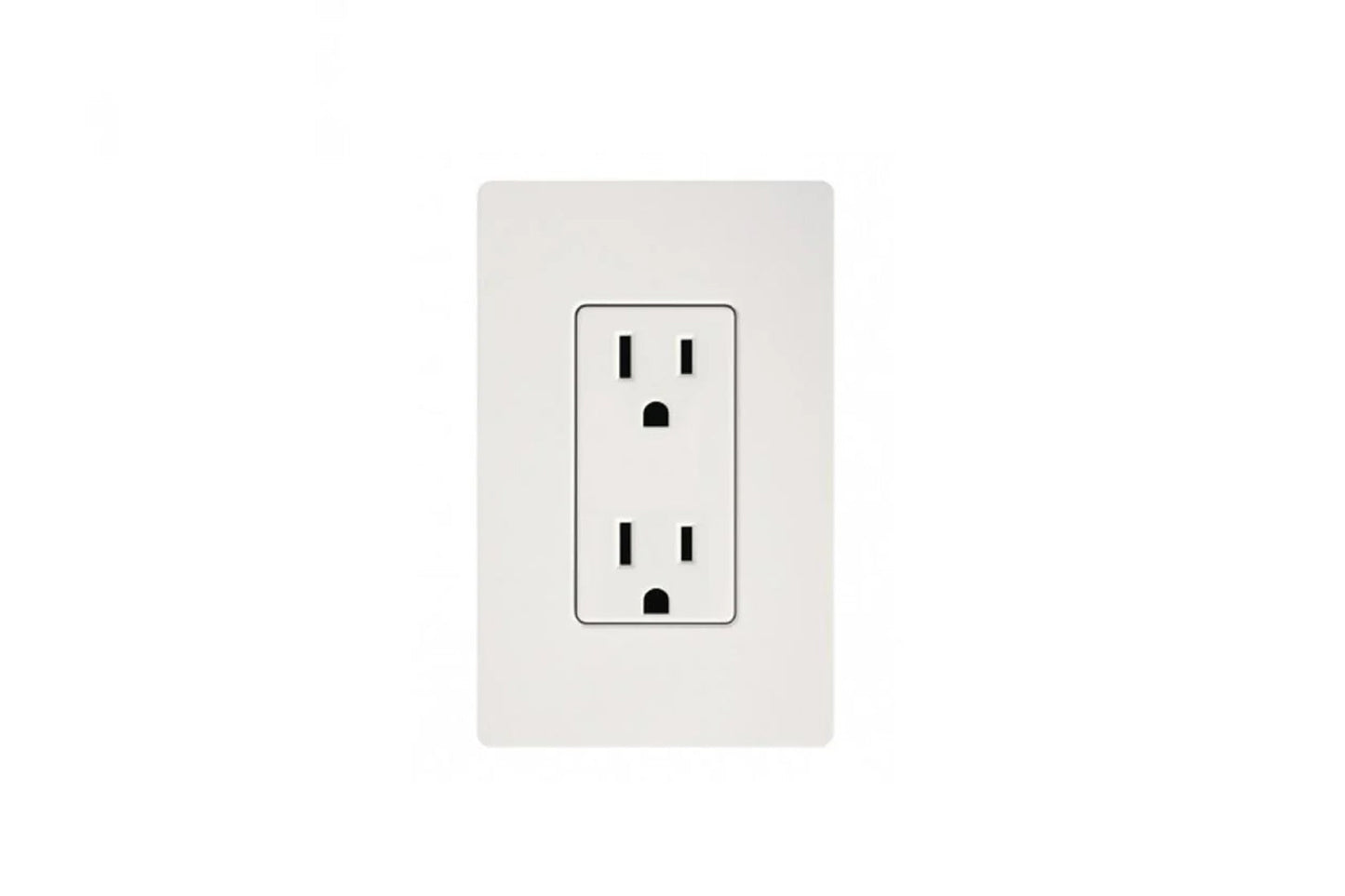 White duplex electrical outlet with two receptacles, mounted on light gray wall plate on white background