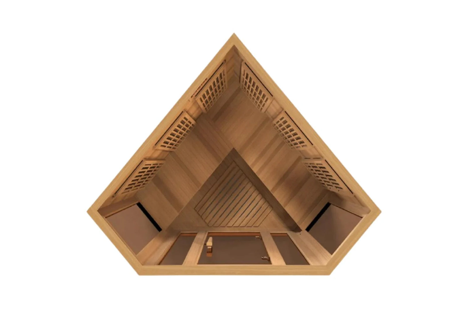 Interior view of triangular wooden sauna with cedar construction, bench seating, ventilation panels, and heating elements vis