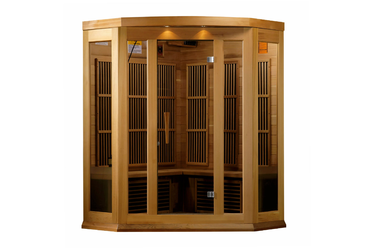Natural wood corner infrared sauna with tempered glass doors and panels, featuring vertical carbon heating elements and bench
