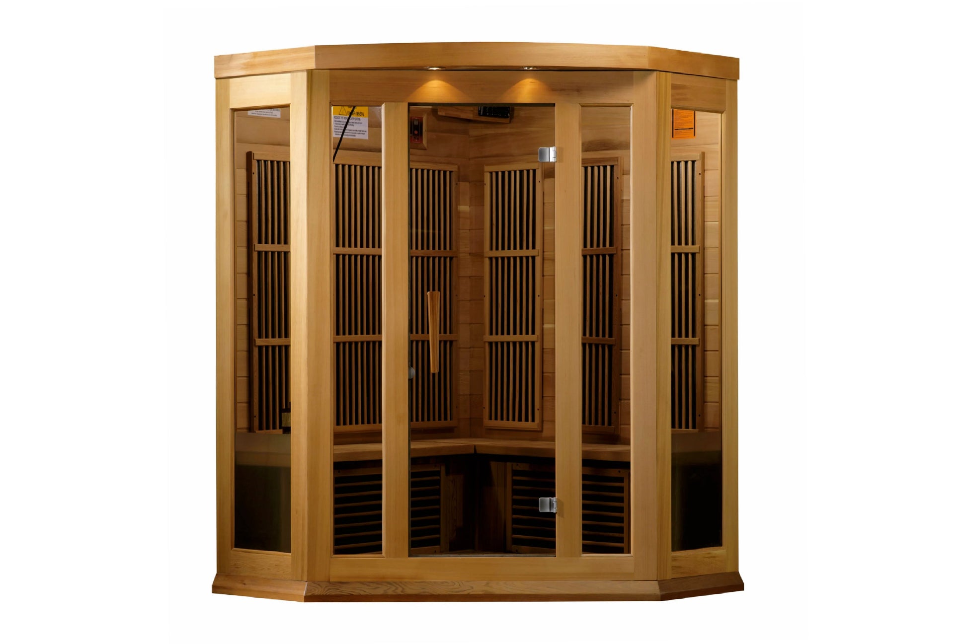 Natural wood corner infrared sauna with tempered glass doors and panels, featuring vertical carbon heating elements and bench