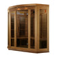 Cedar wood corner infrared sauna with glass doors, interior bench seating, and vertical wood paneling, on white background