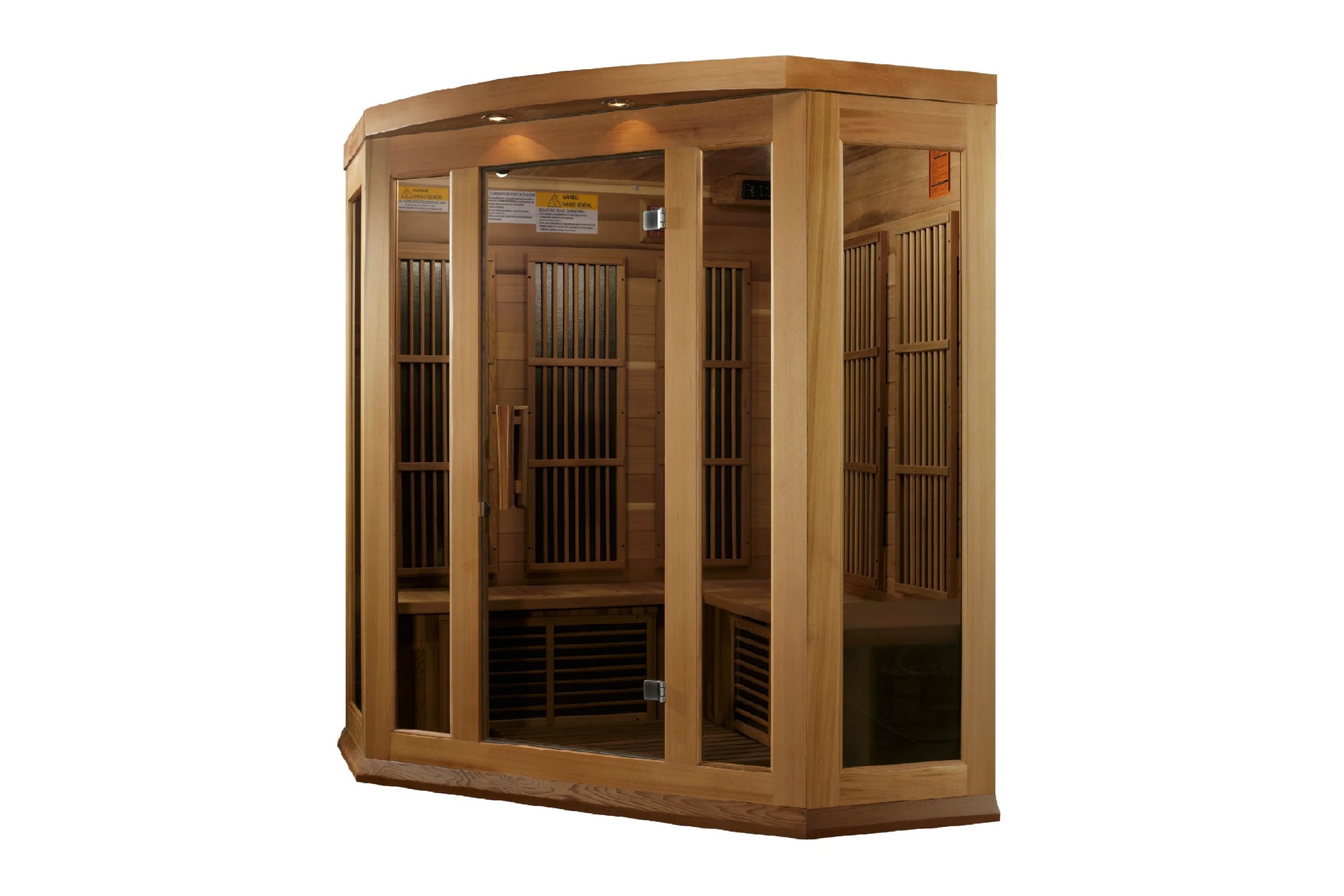 Cedar wood corner infrared sauna with glass doors, interior bench seating, and vertical wood paneling, on white background