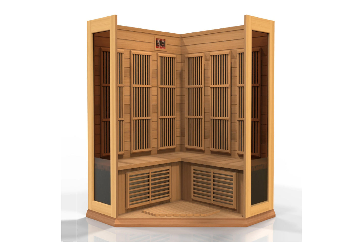 Corner sauna cabin with light wood frame, vertical slatted door panels, louvered vents on lower section, and wooden bench sea