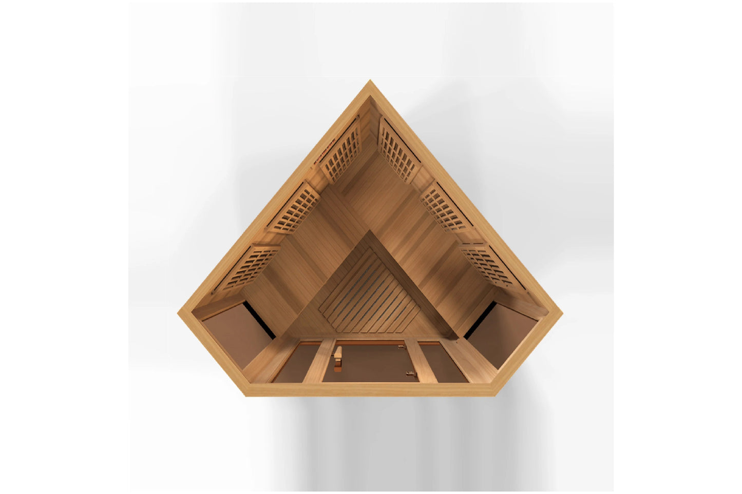 Overhead view of wooden sauna interior with cedar construction, peaked roof design, and ventilation grilles on white backgrou