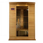 Two-person infrared sauna with light wood construction, black vertical heating panels, digital control panel, and tempered gl