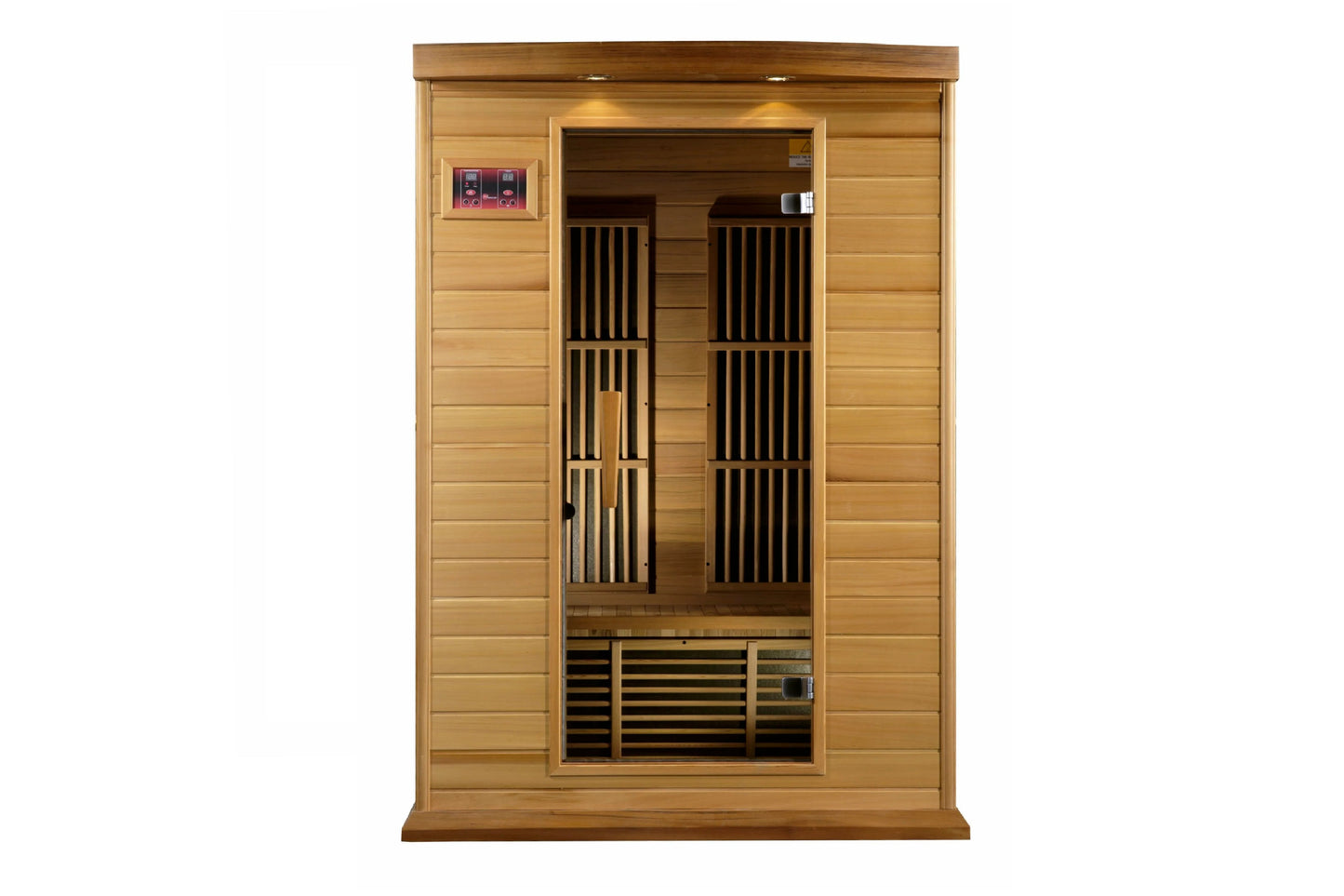 Two-person infrared sauna with light wood construction, black vertical heating panels, digital control panel, and tempered gl