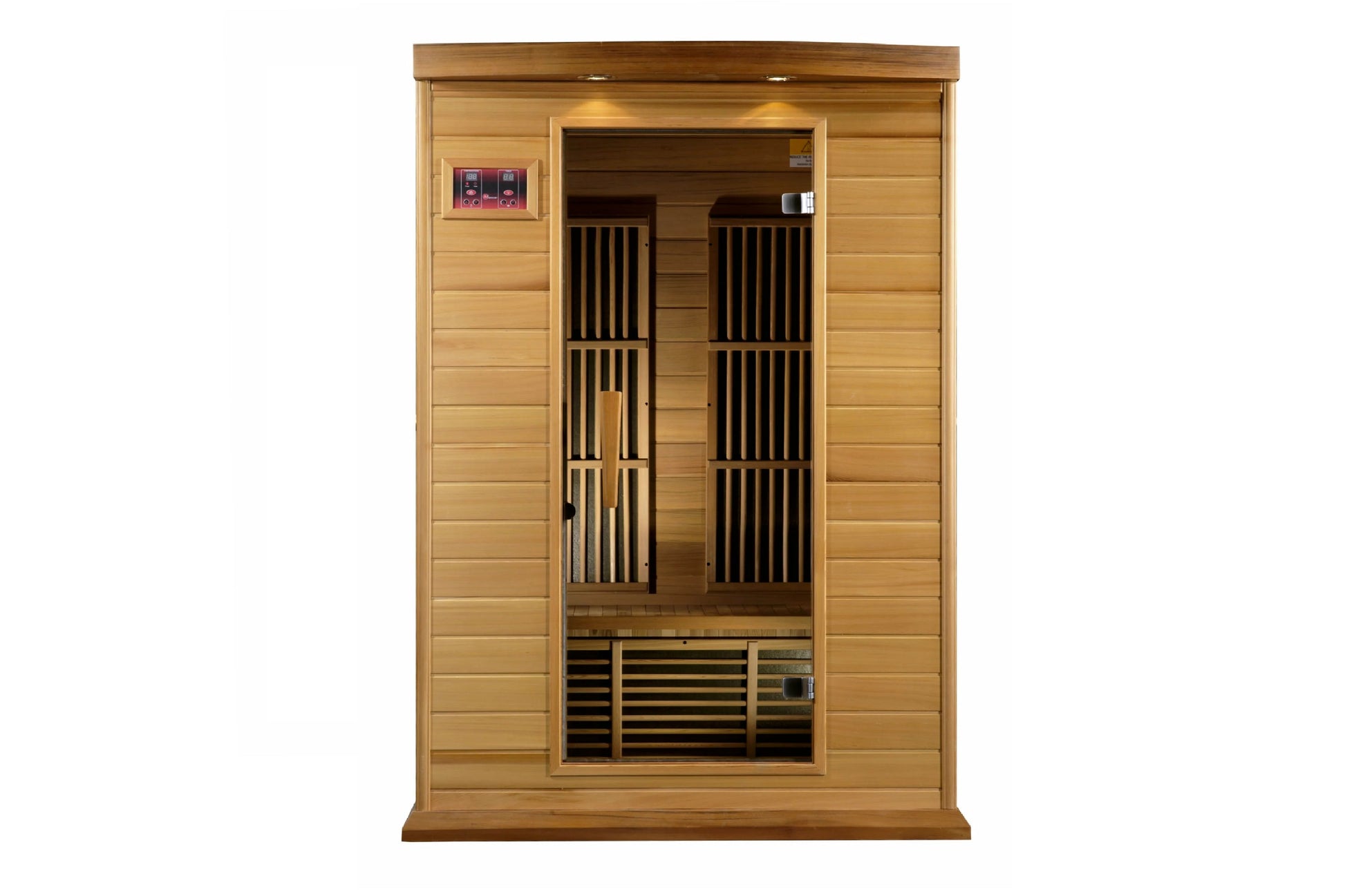 Two-person infrared sauna with light wood construction, black vertical heating panels, digital control panel, and tempered gl
