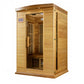 Two-person infrared sauna with natural wood construction, glass front door, digital control panel, and infrared heaters visib