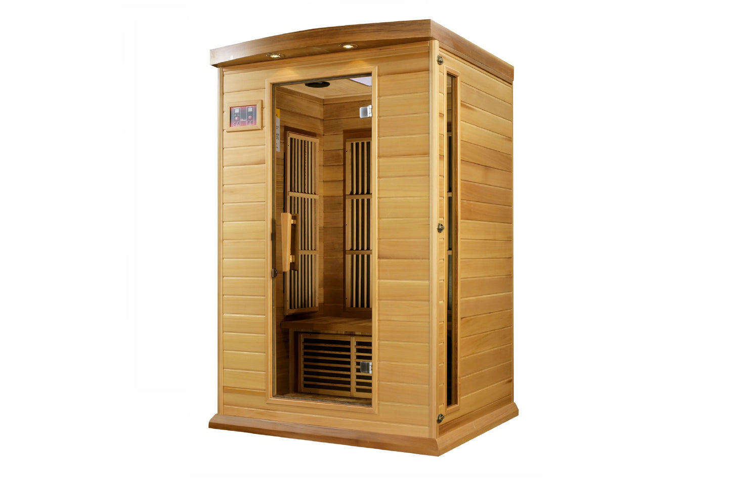 Two-person infrared sauna with natural wood construction, glass front door, digital control panel, and infrared heaters visib