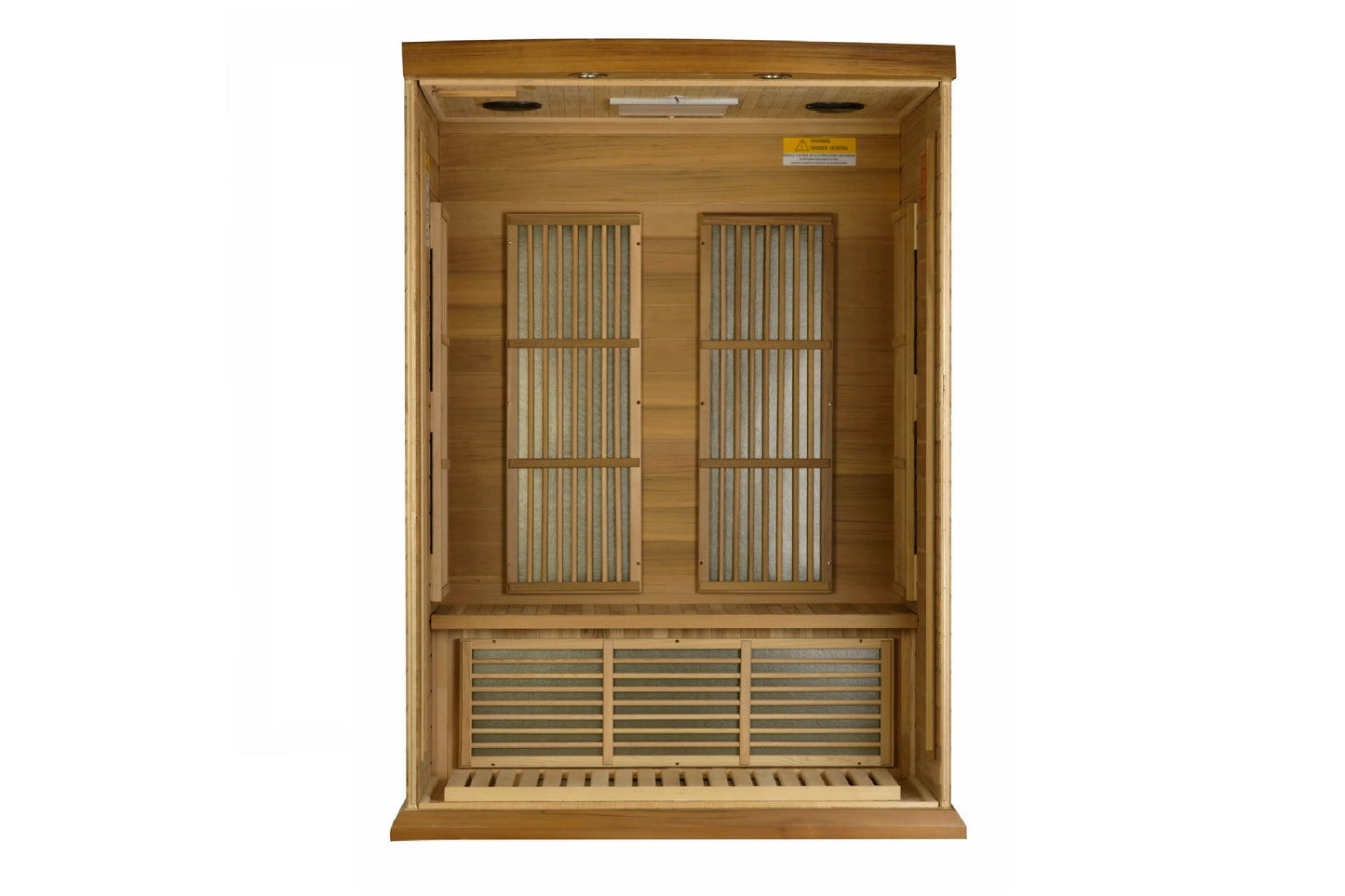 Wooden infrared sauna cabinet with two vertical glass doors and horizontal vents, viewed from front on white background