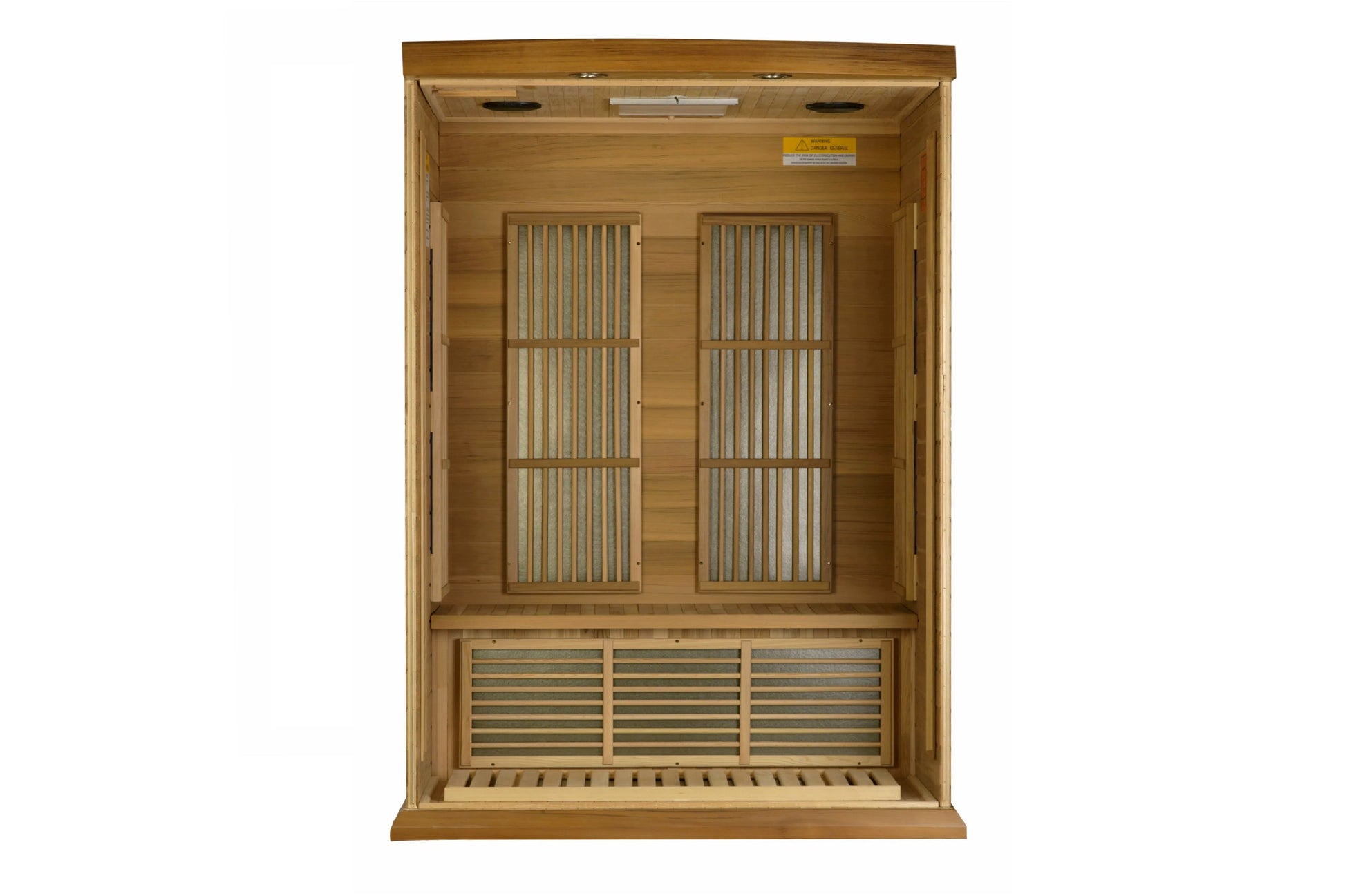 Wooden infrared sauna cabinet with two vertical glass doors and horizontal vents, viewed from front on white background