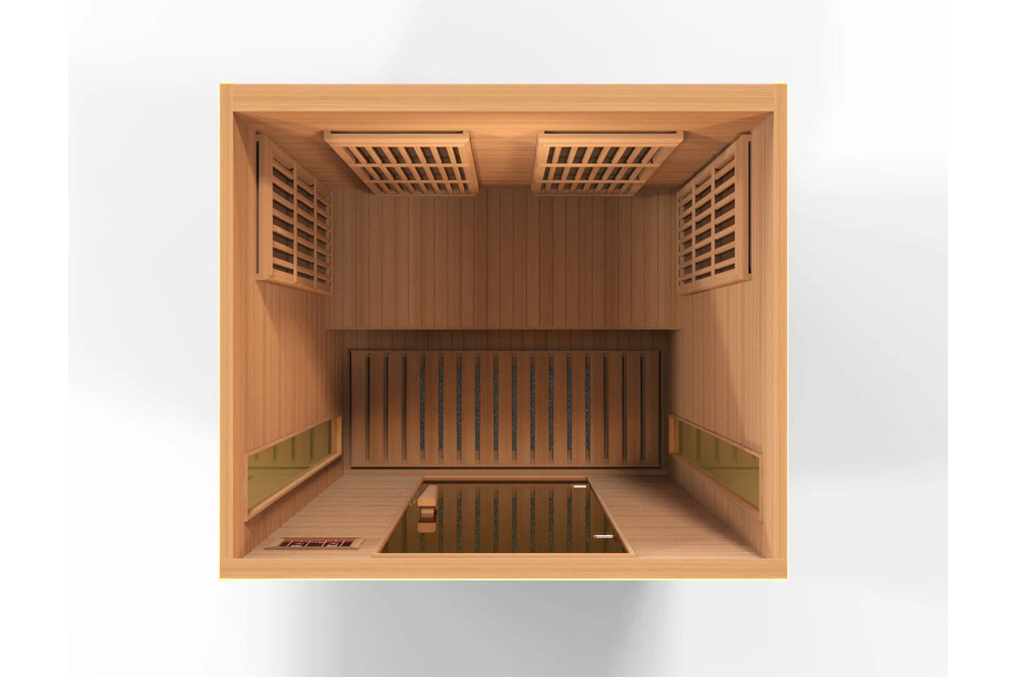 Overhead view of wooden infrared sauna interior with two bench seats, heating panels on walls and ceiling, overhead vents, an