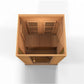 Wooden sauna cabin with natural cedar construction shown from overhead view, featuring two bench seats and ventilation slats 