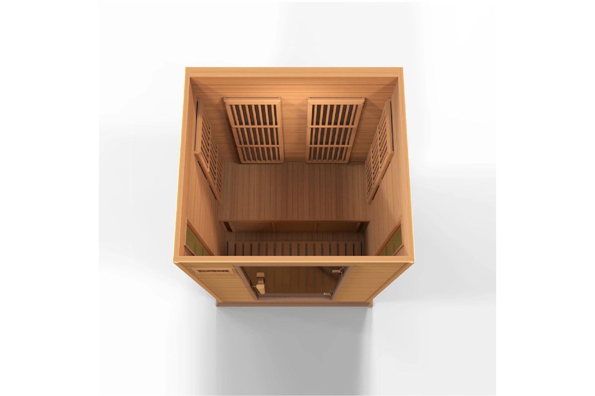 Wooden sauna cabin with natural cedar construction shown from overhead view, featuring two bench seats and ventilation slats 