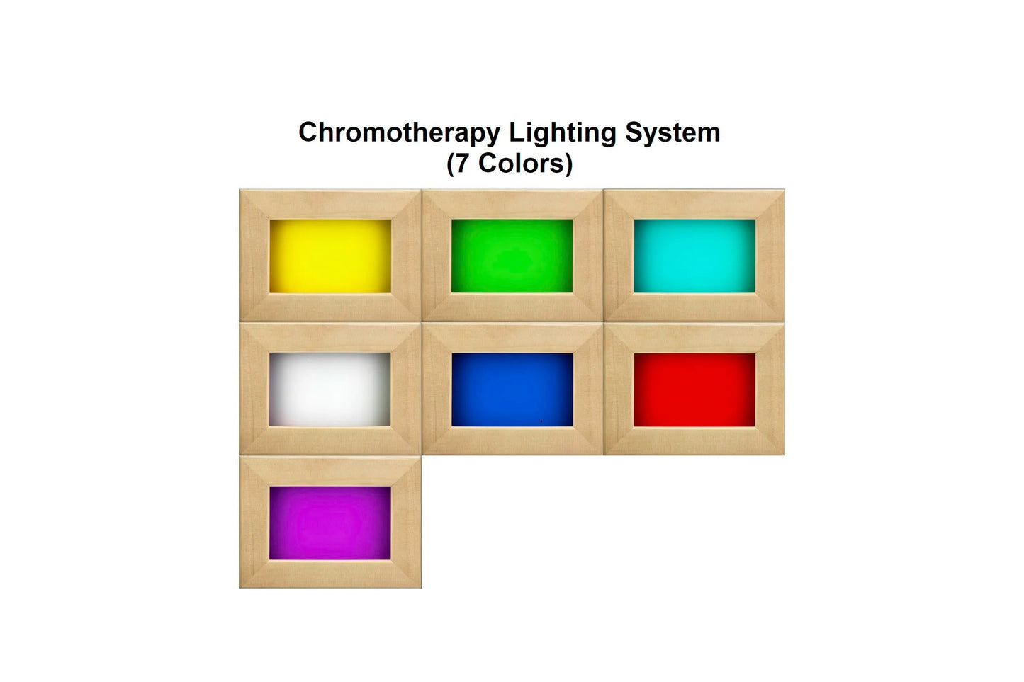 Chromotherapy lighting system with seven color options displayed in natural wood panels showing yellow, green, cyan, white, b