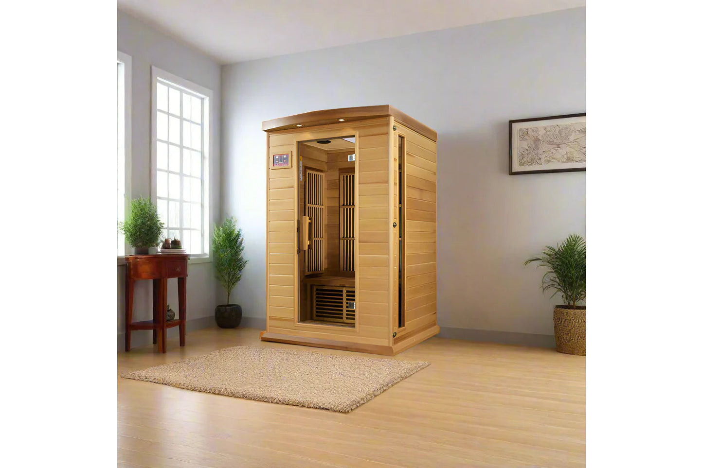 Natural cedar wood infrared sauna cabin with glass door and interior heaters, shown in modern bedroom setting