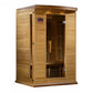 Two-person infrared sauna with light wood construction, glass door panel, digital control panel, and dark interior heaters vi