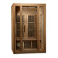 Two-person infrared sauna with cedar wood construction, glass front door, vertical heating panels, and wooden bench seating o