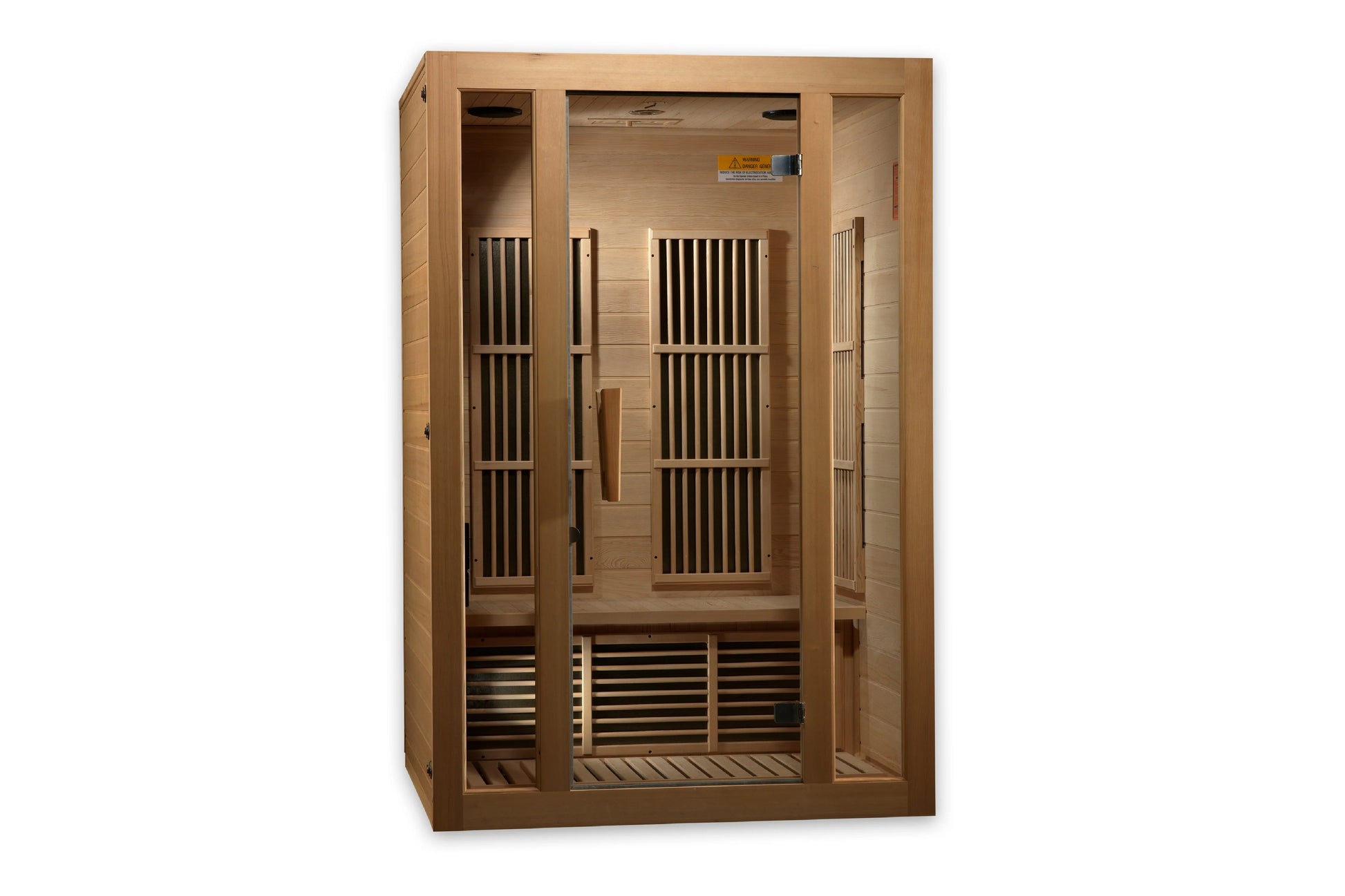 Two-person infrared sauna with cedar wood construction, glass front door, vertical heating panels, and wooden bench seating o