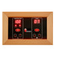 Maxxus Seattle sauna control panel with wooden frame, featuring dual digital displays showing temperature at 182 degrees and 