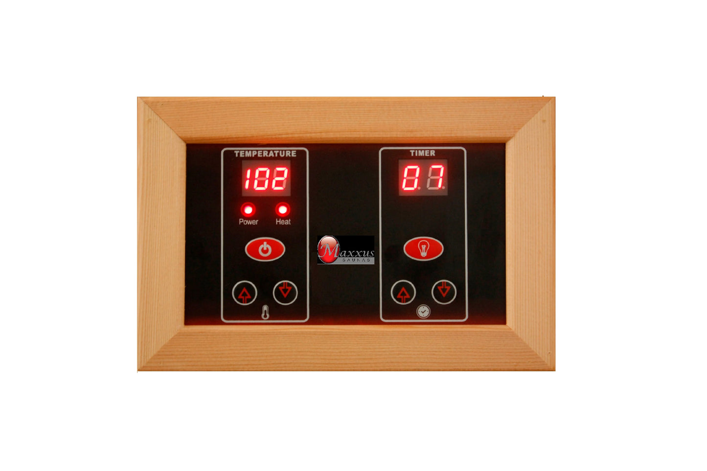 Maxxus Seattle sauna control panel with wooden frame, featuring dual digital displays showing temperature at 182 degrees and 