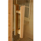 Light wood finish sauna door handle with rounded cylindrical grip and metal mounting brackets