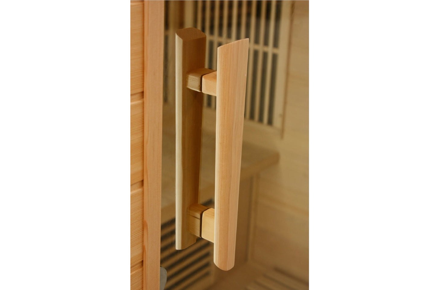 Light wood finish sauna door handle with rounded cylindrical grip and metal mounting brackets