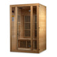 Natural cedar infrared sauna with glass door and wooden bench, front-facing view on white background