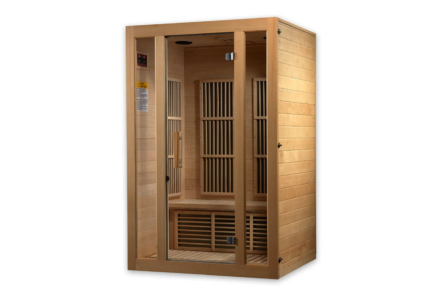 Natural cedar infrared sauna with glass door and wooden bench, front-facing view on white background