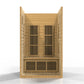 Natural wood sauna cabin with two vertical infrared heater panels and lower ventilation grilles on white background