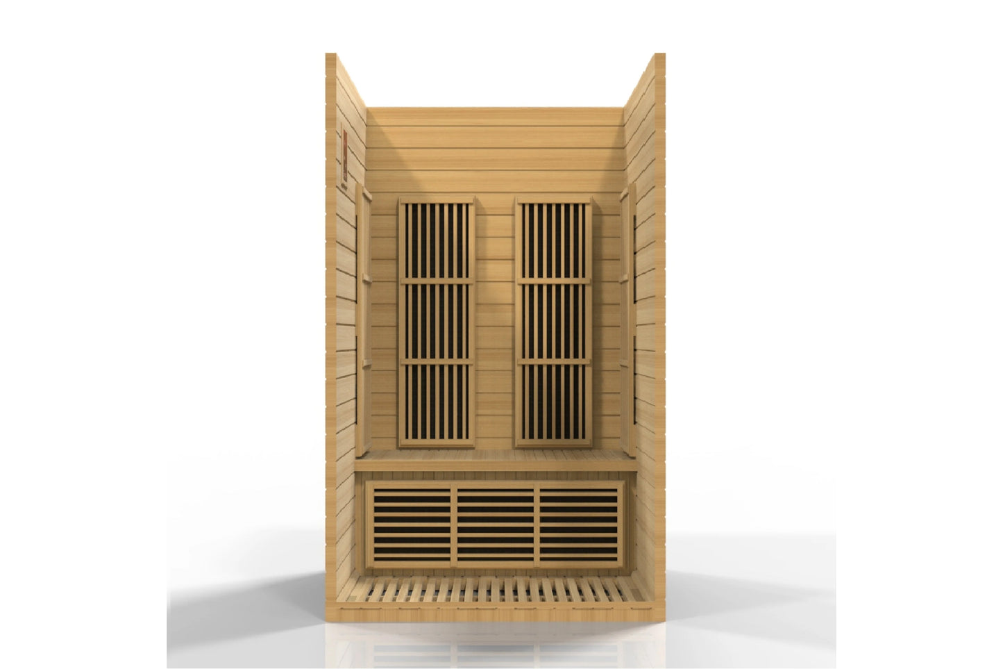 Natural wood sauna cabin with two vertical infrared heater panels and lower ventilation grilles on white background