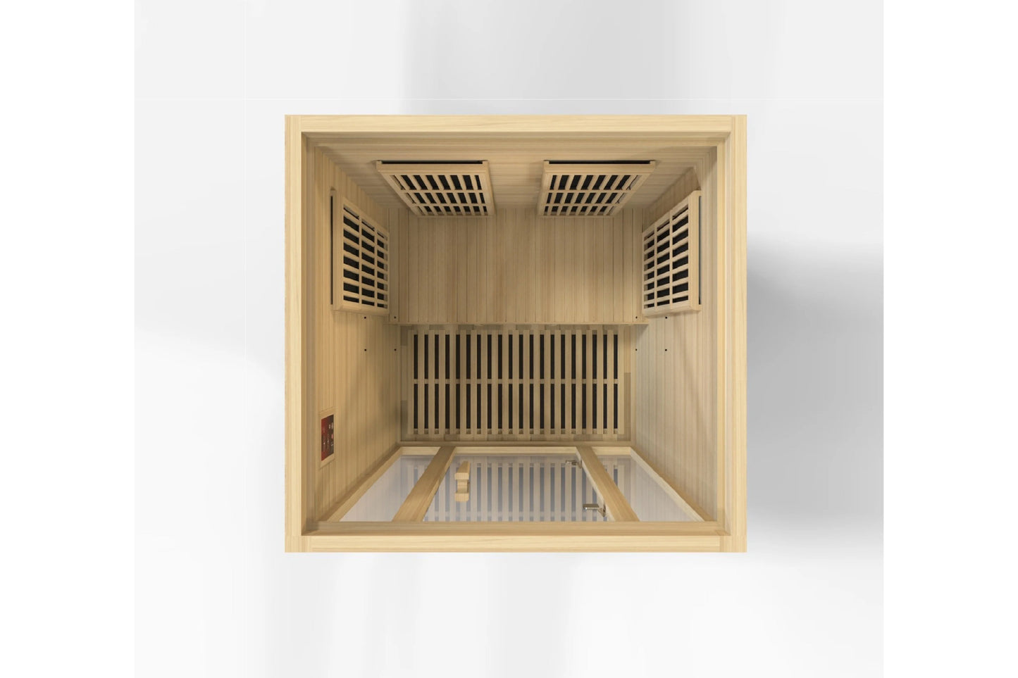 Light wood far-infrared sauna interior with wooden benches, ceiling heaters, and ventilation grilles, viewed from above