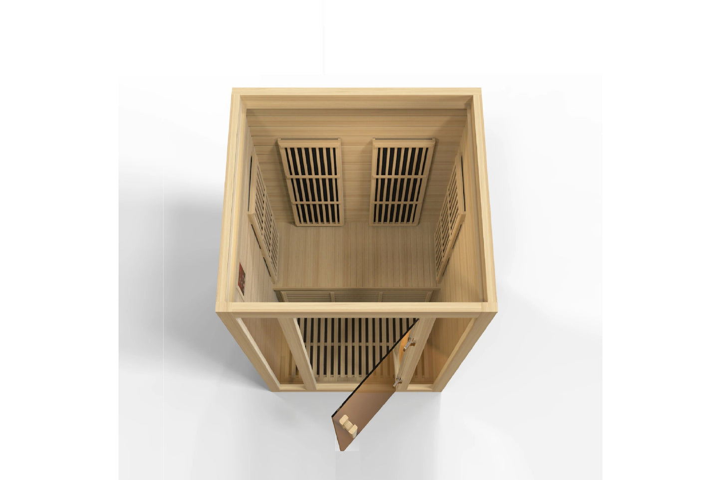 Wooden sauna interior with bench seating, infrared heaters on ceiling and lower walls, viewed from above on white background