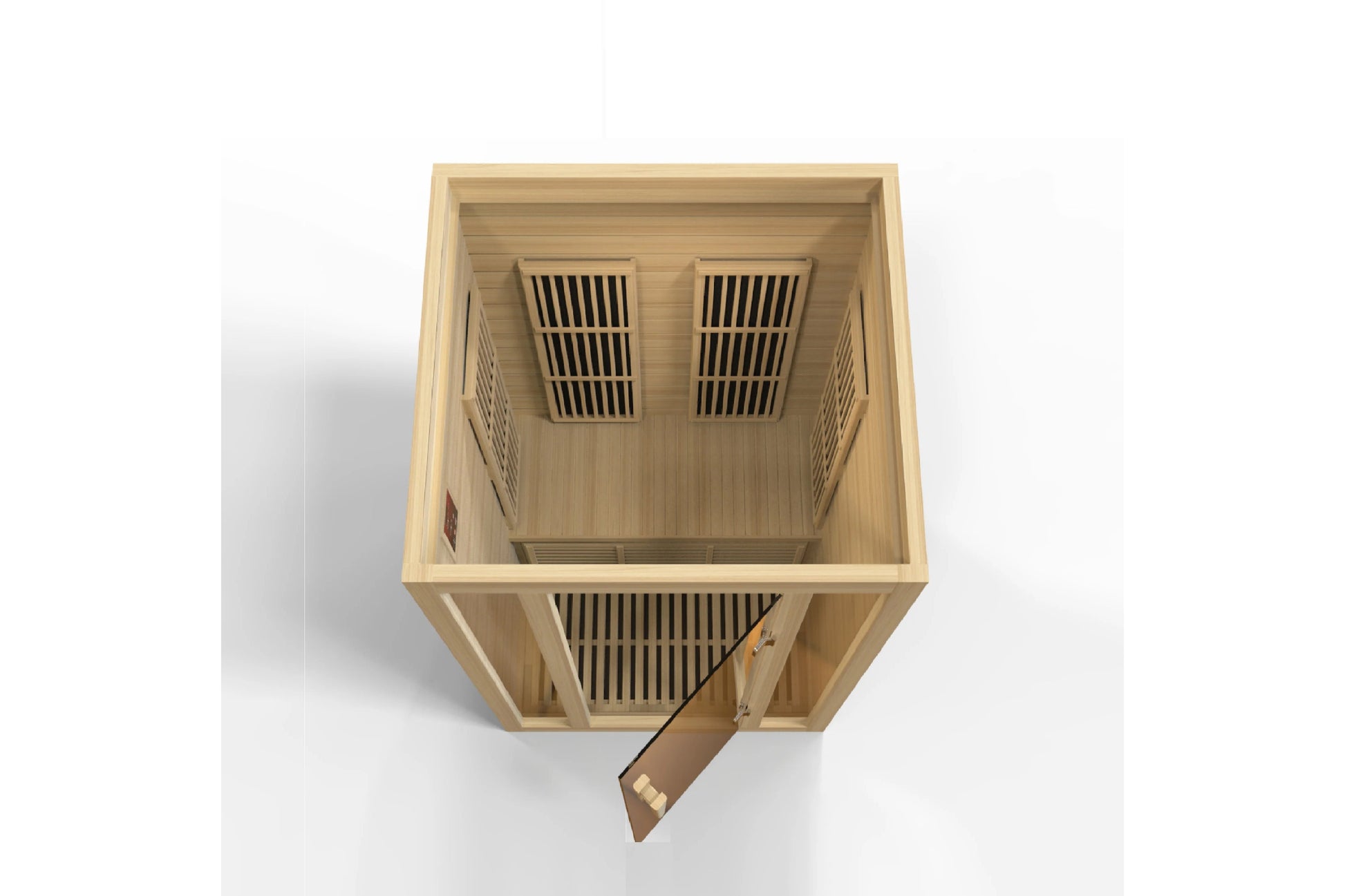 Wooden sauna interior with bench seating, infrared heaters on ceiling and lower walls, viewed from above on white background