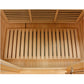 Overhead view of wooden sauna interior with slatted bench seating and ventilation louvers on cedar walls
