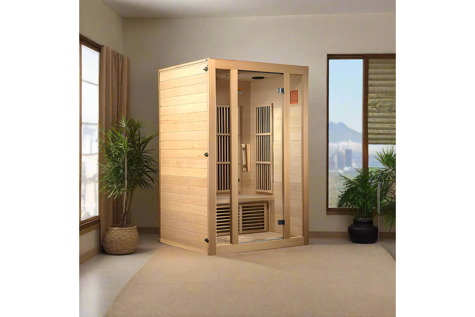 Natural wood corner sauna with glass doors and black interior heating panels in modern room setting