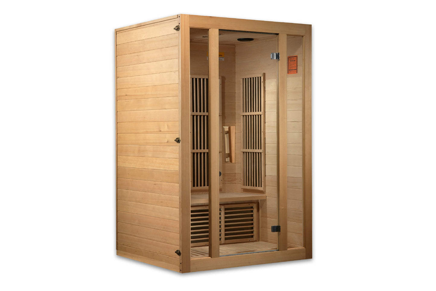 Natural wood far-infrared sauna cabin with glass front door, wooden benches, and vertical heater panels inside on white backg