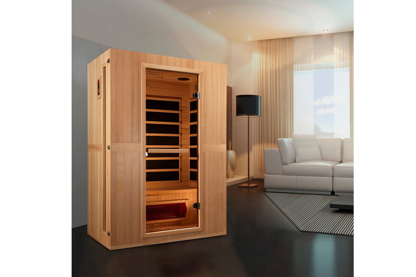 Light wood infrared sauna cabin with glass door and interior bench seating, displayed in modern living room setting