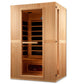 Light wood infrared sauna cabin with glass door, wooden benches, and heating panels visible inside, on white background