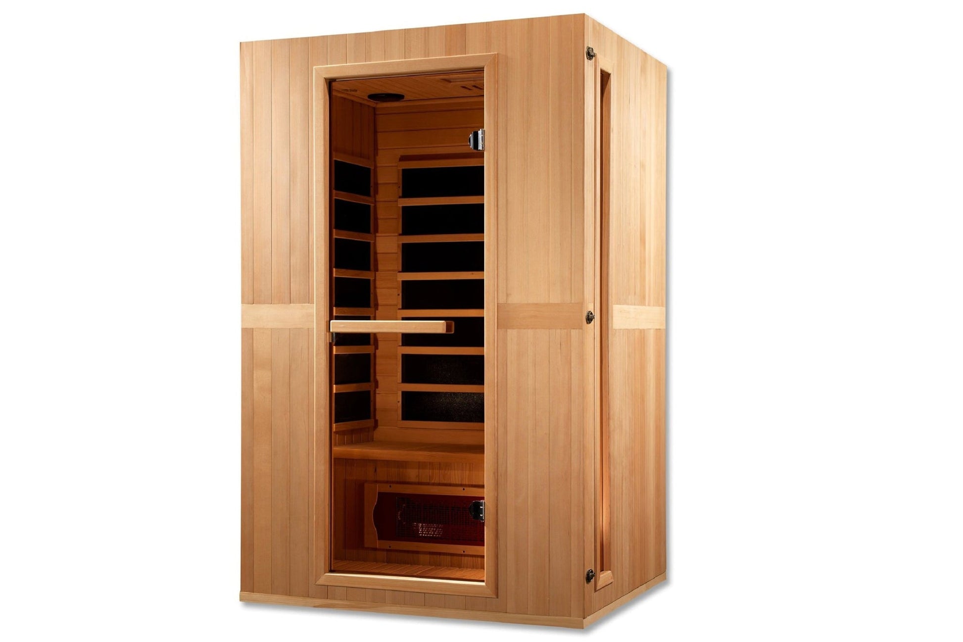 Light wood infrared sauna cabin with glass door, wooden benches, and heating panels visible inside, on white background